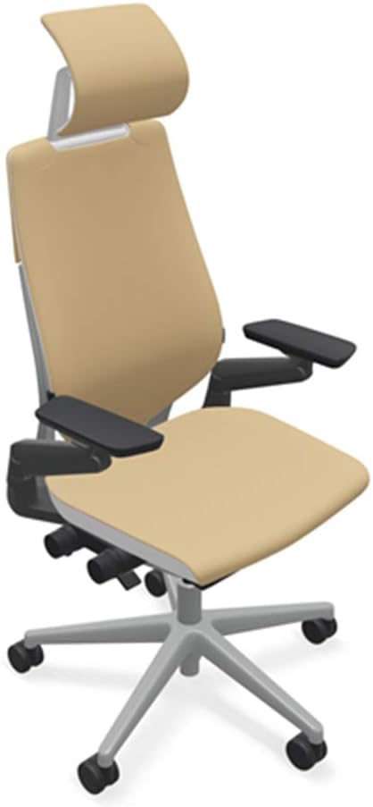 Steelcase Gesture Office Desk Chair with Headrest in Elmosoft Genuine Chamois L144 Leather Plus Lumbar Support Low Platinum Metallic Frame with Seagull Seat/Back Merle Arms (Light/Light)