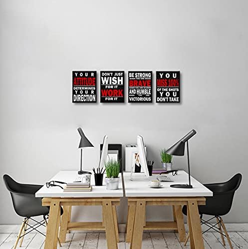 Inspirational Wall Art Poster Quote Motivational Wall Art for Office Living Room Bedroom Gym Black and White Red Positive Quotes Funny Office Wall Decor Sign 4 pieces