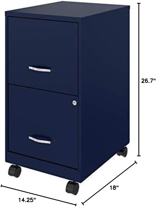 UrbanPro 2-Drawer Metal Mobile Vertical Filing Cabinet, 18" Depth, Navy Finish, Smooth Glide Suspension, Locking Drawers, Letter-Size File Storage, Painted Steel, Easy Roll Casters for Home or Office