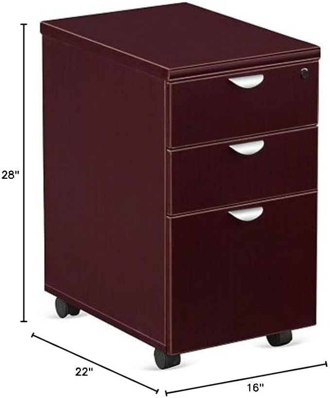 NBF 16" W Office Files Pedestal Cabinet - Three Drawer File Cabinet with Lock - Mahogany Laminate Office Filing Cabinets - Esquire Modern Mobile File Cabinet Document Storage (22" D x 16" W x 28" H)