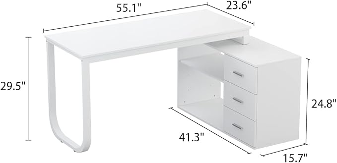 FUFU&GAGA 55.1" Large L-Shaped Office Desk with 41.3" File Cabinet, Corner Computer Desk with 3 Drawers & 2 Shelves, Workstation Executive Desk with Storage Shelf for Home Office, White