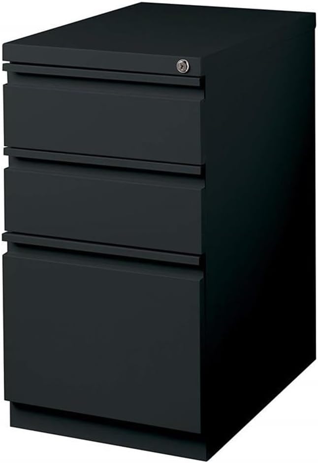 Hirsh Industries 3-Drawer Metal Mobile Pedestal, 20" Deep Box/Box/File Configuration, Black Finish, 27.75" H x 15" W x 19.88" D, Locking File Cabinet with Hidden Casters, Office Storage Solution