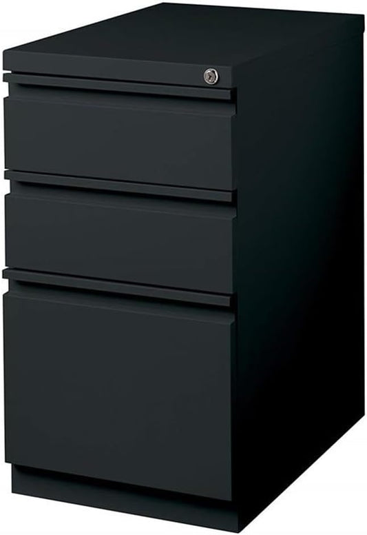 Hirsh Industries 3-Drawer Metal Mobile Pedestal, 20" Deep Box/Box/File Configuration, Black Finish, 27.75" H x 15" W x 19.88" D, Locking File Cabinet with Hidden Casters, Office Storage Solution
