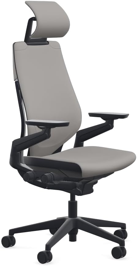 Steelcase Gesture Office Desk Chair with Headrest in Elmosoft Genuine Dove Grey L115 Leather Plus Lumbar Support Low Black Frame
