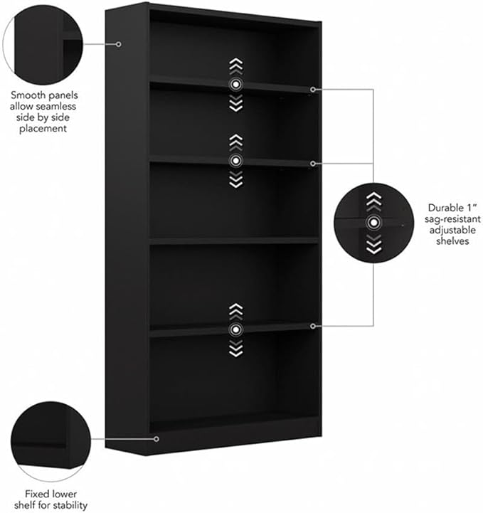Bush Home Universal Tall 5 Shelf Bookcase in Black, Vertical Storage and Display Bookshelf for Home Office or Living Room Organization