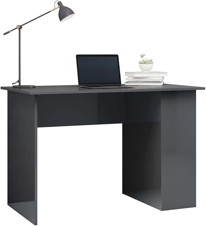 Modern Writing Desk Table with 2 Shelves, Study Computer Desk for Home, High Gloss Gray 43.3"x23.6"x28.7" Engineered Wood(A)