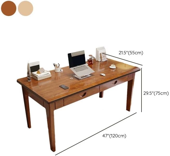 RUNNUP Modern Wood Writing Desk with 2 Drawers 47" Home Office Desk Simple Study Desk for Small Spaces, Without Chairs Nut-Brown