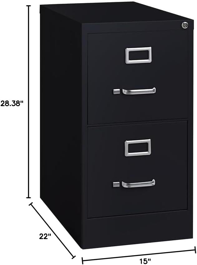 22" 2-Drawer Metal Vertical Filing Cabinet, Black Finish, Letter Size, Commercial Grade Durable Office Storage, Smooth Ball-Bearing Slides, Lockable Design