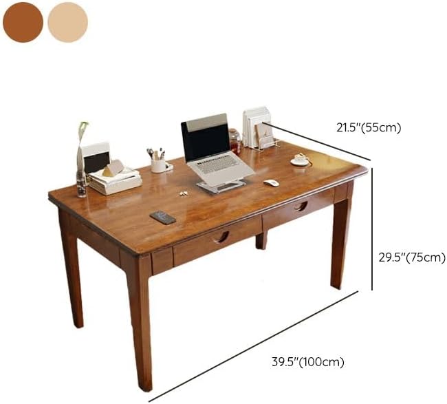 RUNNUP Modern Wood Writing Desk with 2 Drawers 39.5" Home Office Desk Simple Study Desk for Small Spaces, Without Chairs Nut-Brown