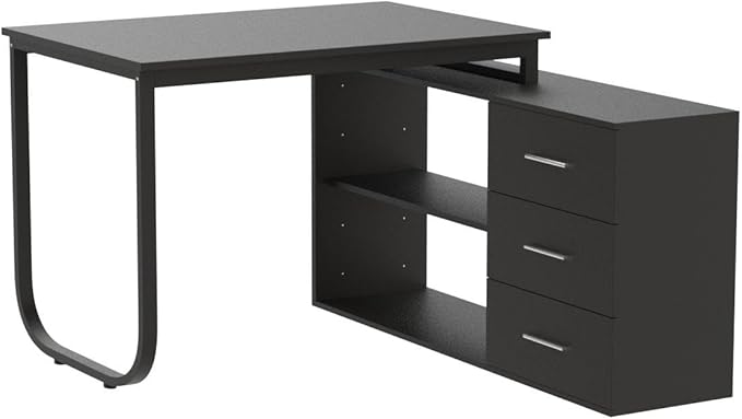 FUFU&GAGA 55.1" Large L-Shaped Office Desk with 41.3" File Cabinet, Corner Computer Desk with 3 Drawers & 2 Shelves, Workstation Executive Desk with Storage Shelf for Home Office - Black