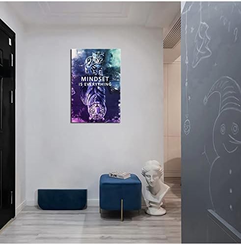 Mindset is Everything Inspirational Wall Art Inspirational Entrepreneur Quotes Poster Small Cat and Big Tiger Print Artwork Painting for Home Gym Office Framed Ready to Hang[24''W x 36''H]
