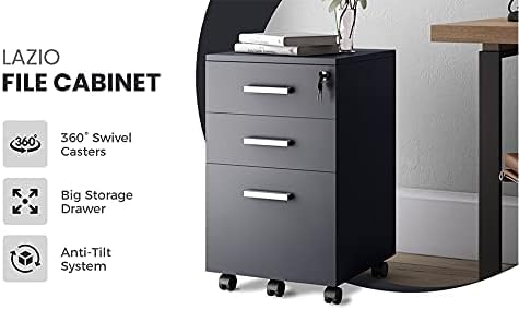 Modern Design Lazio Black File Cabinet, Filing Cabinets for Home Office, Drawers for Under Desk, Locking 3 Drawer Rolling Wood File Cabinet with Lock, by Crafts and Comfort