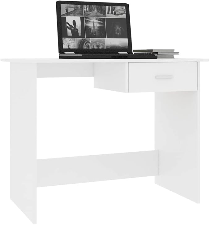 White Engineered Wood Desk, 39.4x19.7x29.9 in Rectangular Computer Desk with Drawer, Modern Home Office Study Writing Table