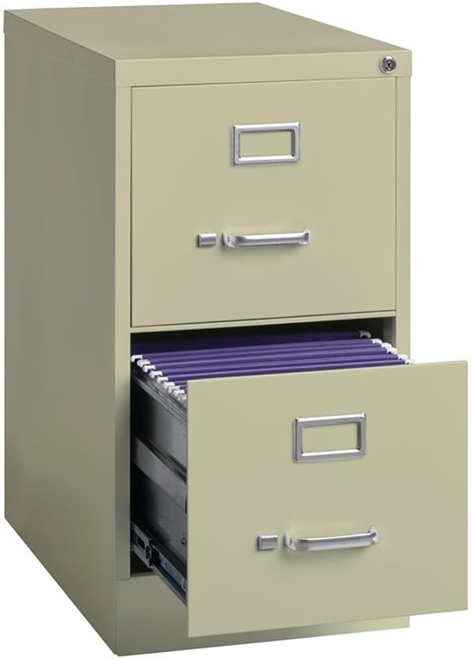 Scranton & Co 2-Drawer Vertical Metal Filing Cabinet, 22" Deep, Letter Width, Beige Finish, Lockable Commercial Office File Storage, Smooth Ball-Bearing Slides, Fully Assembled