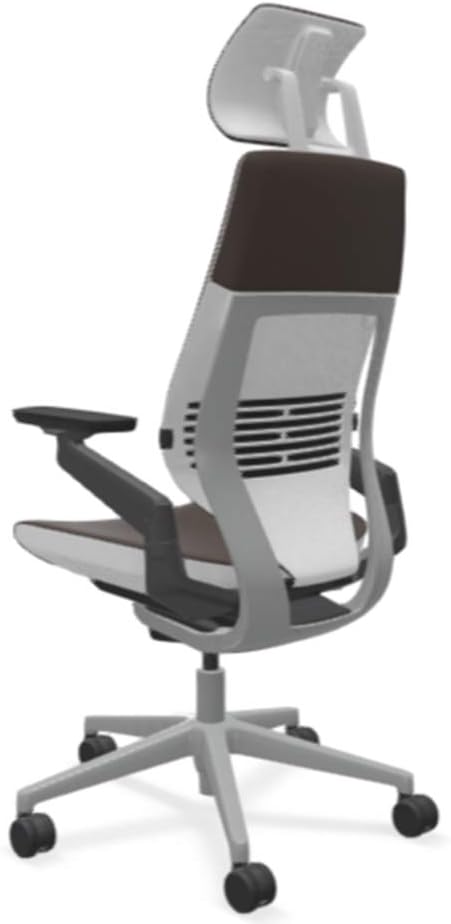 Steelcase Gesture Office Desk Chair with Headrest in Elmosoft Genuine Espresso L133 Leather Plus Lumbar Support Low Platinum Metallic Frame with Seagull Seat/Back Merle Arms (Light/Light)