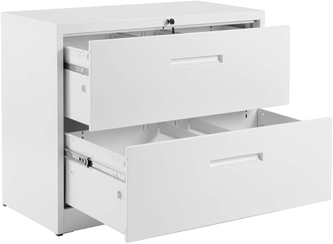 Lateral File Cabinet, 2 Drawer Metal Lockable Filing Cabinet for Commercial Grade Office Legal and Letter File (White)