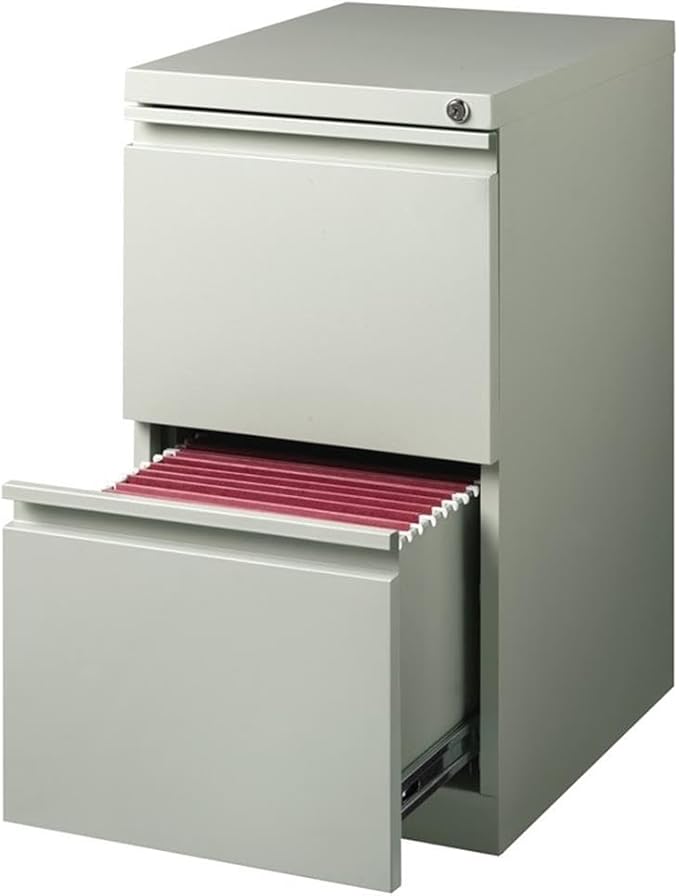BOWERY HILL Mobile Pedestal Filing Cabinet, 2-Drawer File/File Configuration, Stainless Steel Metal, Light Gray Finish, 27.75" H x 15" W x 19.88" D, Lockable, Letter-Size Files, Office Storage