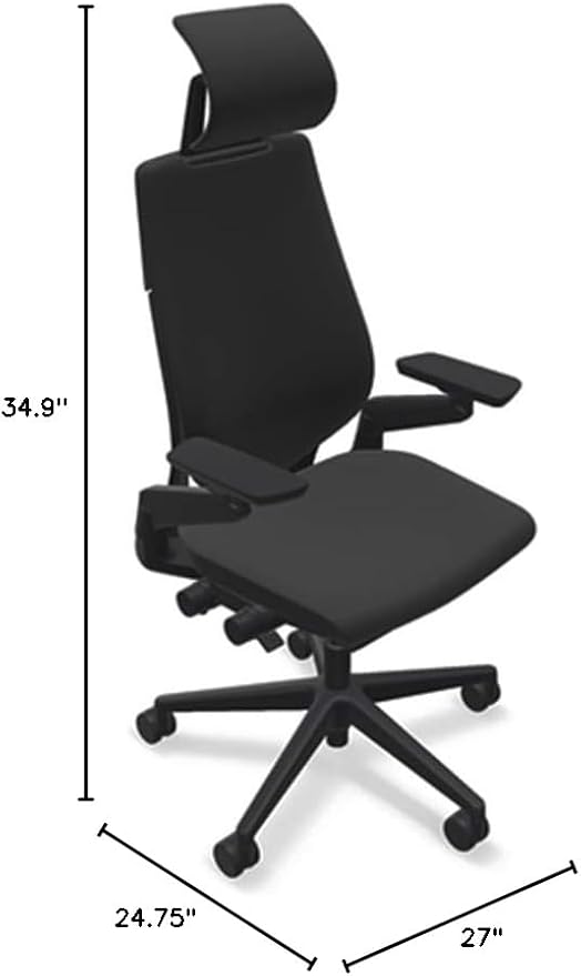 Steelcase Gesture Office Desk Chair with Headrest in Elmosoft Genuine Ebony L112 Leather Plus Lumbar Support High Black Frame