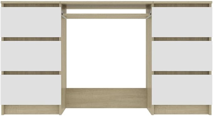 Modern Writing Computer Desk with 6 Drawers, Home Office Desk Writing Study Table PC Desk Workstation for Bedroom, White and Sonoma Oak 55.1"x19.7"x30.3" Engineered Wood(D)
