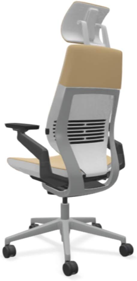 Steelcase Gesture Office Desk Chair with Headrest in Elmosoft Genuine Chamois L144 Leather Plus Lumbar Support Low Platinum Metallic Frame with Seagull Seat/Back Merle Arms (Light/Light)