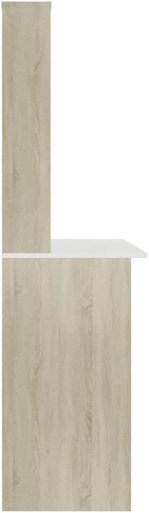 Modern Writing Computer Desk with Shelves and Upper Cabinet, Home Office Desk Writing Study Table PC Desk Workstation for Bedroom, White and Sonoma Oak 43.3"x17.7"x61.8" Engineered Wood(B)