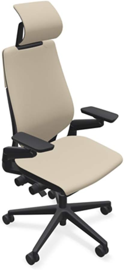Steelcase Gesture Office Desk Chair with Headrest in Elmosoft Genuine Mica L114 Leather Plus Lumbar Support High Black Frame