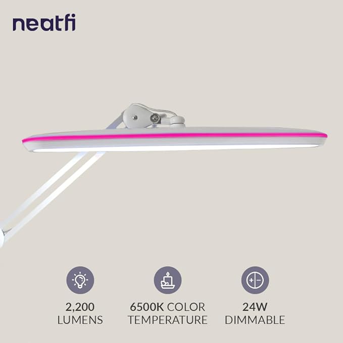 Neatfi XL 2,200 Lumens 24W LED Desk Lamp – 23” Wide Shade | Dimmable Eye-Caring Task Light | Adjustable Arm | Home Office, Study, Crafts & Nail Tech (White with Pink Ring, Non-CCT with Clamp)