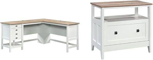 Sauder Cottage Road L-Desk and Sauder August Hill Lateral File, Soft White Finish