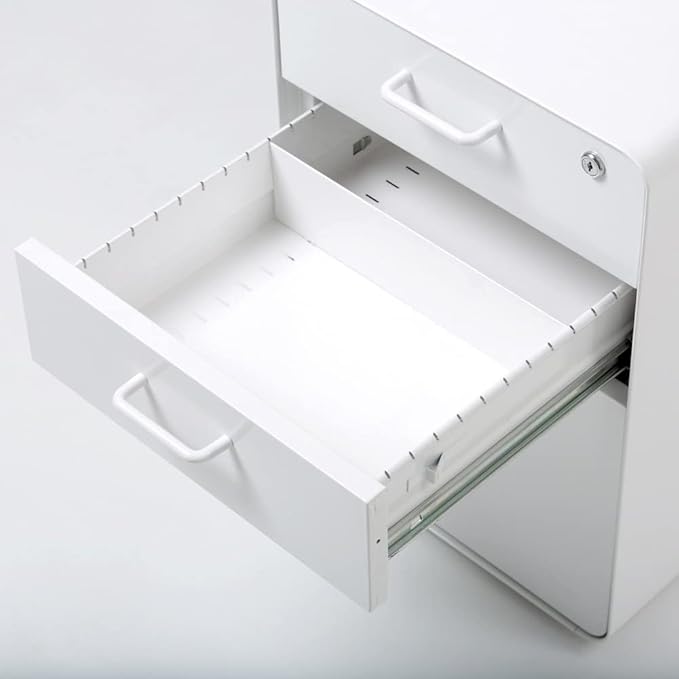 Poppin Stow 3-Drawer File Cabinet - White, 2 Utility Drawers and 1 Hanging File Drawer, Fully Painted Inside and Out, Powder-Coated Steel, Two Keys Included, Stationary