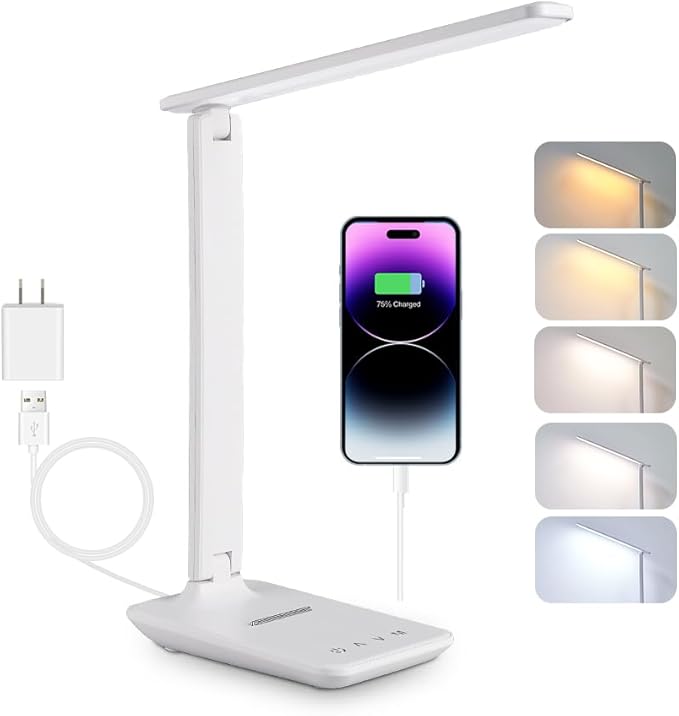 LED Desk Lamp for Home Office, USB Charging Port, Dimmable Table Lamp, Foldable Table lamp, Touch Control, 5 Lighting Modes, University Dormitory Eye Protection Learning Reading Lamp (White)
