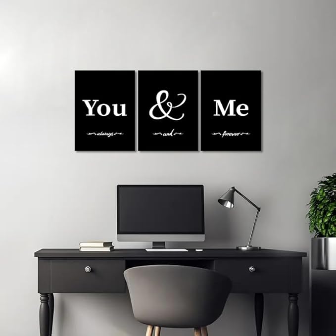 3 Piece Black and White Wall Art - Simple Words You and Me Canvas Print Scandinavian Minimalist Bedroom Wall Decor Modern Artwork Framed Posters for Living Room Home, Ready to Hang (12" x 16" x 3)