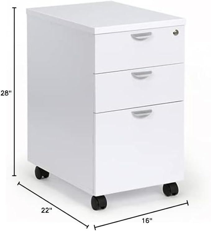 NBF Esquire 16" W Office Files Pedestal Cabinet - 3 Drawer File Cabinet with Lock - Mahogany Laminate Office Filing Cabinets - Modern Mobile File Cabinet Document Storage (22" D x 28" H, White)
