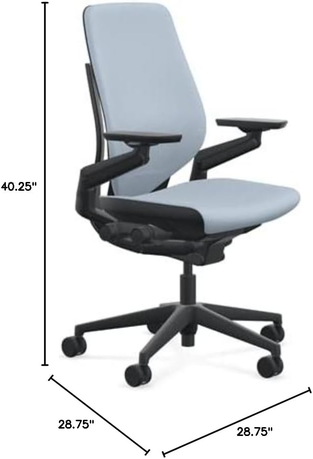 Steelcase Gesture Office Chair - Era Blue Nickel Fabric, Medium Seat Height, Shell Back, Black on Black Frame, Lumbar Support, and Standard Carpet Casters
