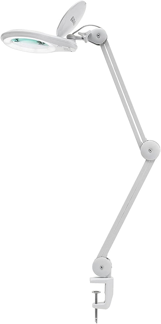 Neatfi LED Magnifying Lamp 1,200 Lumens with Clamp – 5” 8-Diopter Glass Lens, Dimmable Task Light | Adjustable Arm | Reading, Sewing & Crafting (White, 8 Diopter)
