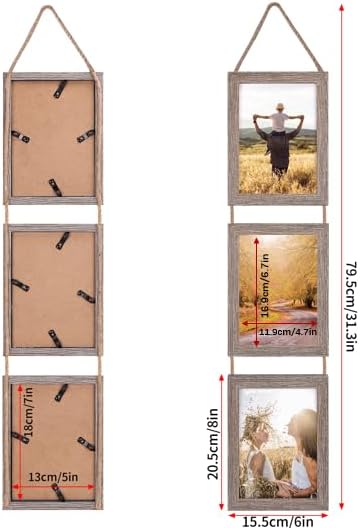 Lavezee 5x7 Collage Hanging Triple Picture Frames Set, Rustic 6 Opening Vertical Frame Made to Display 5 by 7 Inch Photo Postcard for Wall Decor