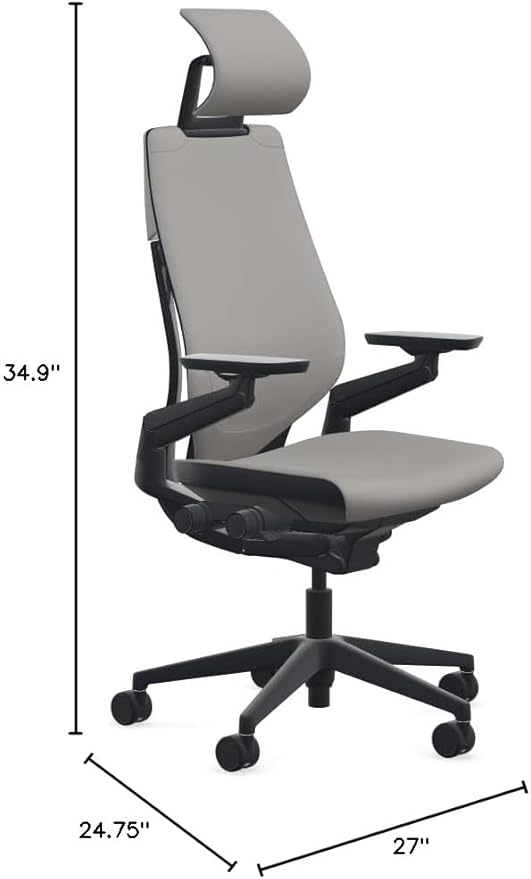 Steelcase Gesture Office Desk Chair with Headrest in Elmosoft Genuine Dove Grey L115 Leather Plus Lumbar Support Low Black Frame