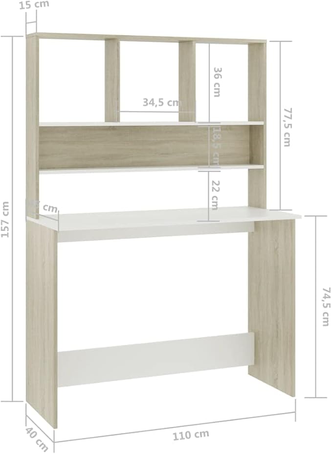 Modern Computer Desk Writing Study Table with Upper Cabinet, Home Office Student Table Laptop PC Writing Desk Home Office Writing Desk, White and Sonoma Oak 43.3"x17.7"x61.8"