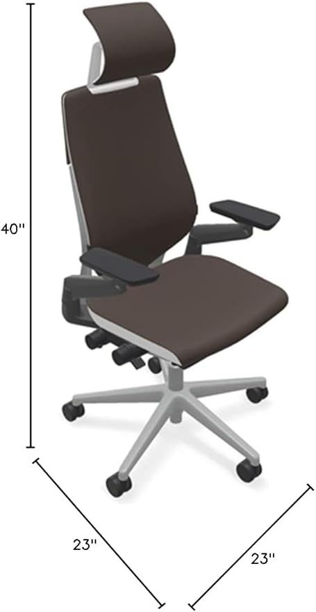 Steelcase Gesture Office Desk Chair with Headrest in Elmosoft Genuine Espresso L133 Leather Plus Lumbar Support High Platinum Metallic Frame with Seagull Seat/Back Merle Arms (Light/Light)