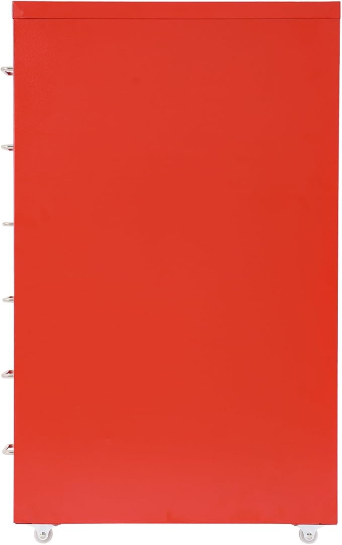 6-Drawer Metal File Cabinet, Mobile File Cabinet with Lock, Rolling Vertical Filing Drawers Under Desk for Home Office, 11 * 16 * 27in (Red)