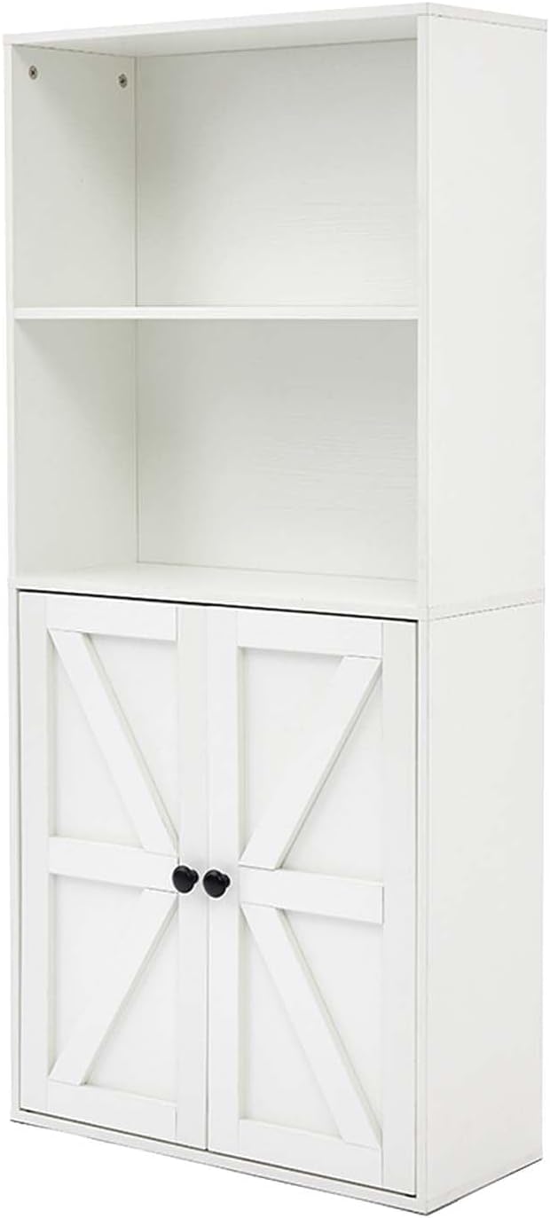 White 4-Tier Bookshelves for Living Room, Farmhouse Tall Bookcase with Doors, Wooden Bookshelf with Storage Cabinet and Shelves for Living Room, Home Office