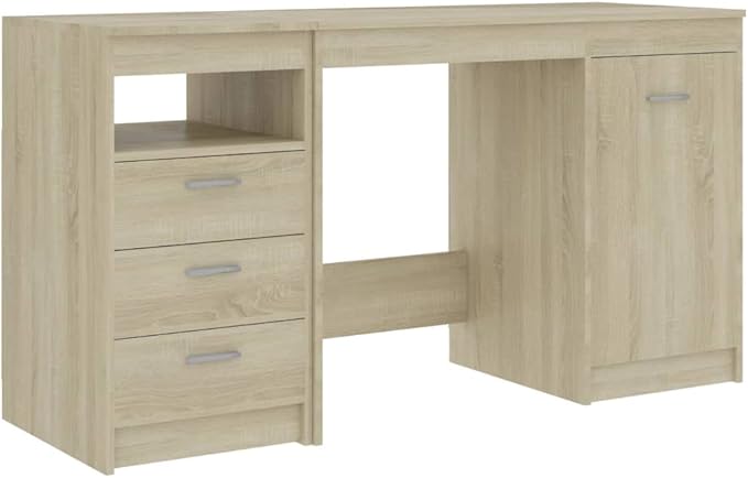 Modern Writing Computer Desk with 3 Drawers and 1 Door, Home Office Desk Writing Study Table PC Desk Workstation for Bedroom, Sonoma Oak 55.1"x19.7"x29.9" Engineered Wood(H)