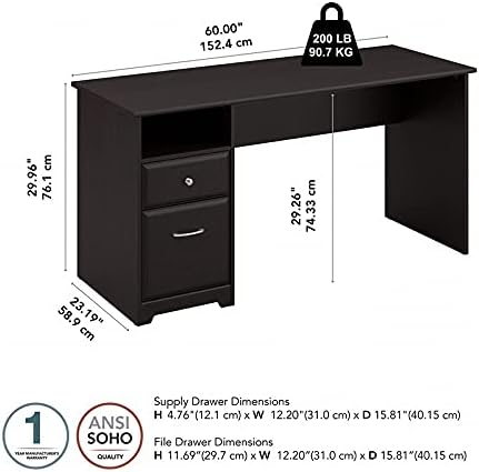 Bush Home Cabot 60W Computer Desk with Drawers in Espresso Oak, Workstation and File Storage, Desktop with Organization Solutions for Home Office