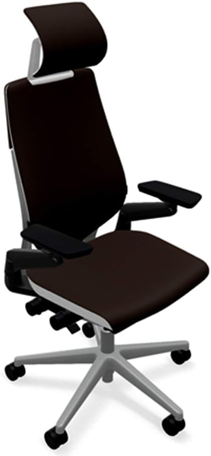 Steelcase Gesture Office Desk Chair with Headrest in Elmosoft Genuine Ebony L112 Leather Plus Lumbar Support Low Platinum Metallic Frame with Seagull Seat/Back Merle Arms (Light/Light)