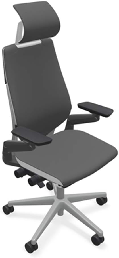 Steelcase Gesture Office Desk Chair with Headrest in Elmosoft Genuine Gunmetal L113 Leather Plus Lumbar Support High Platinum Metallic Frame with Seagull Seat/Back Merle Arms (Light/Light)