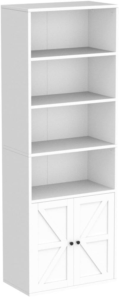 IDEALHOUSE Bookcase with Doors Industrial Bookshelf 11.8in Depth Display Storage Shelves 71.4in Tall Farmhouse Bookcases Wooden 6 Shelf Bookshelvels for Bedroom, Living Room, Home Office (White)