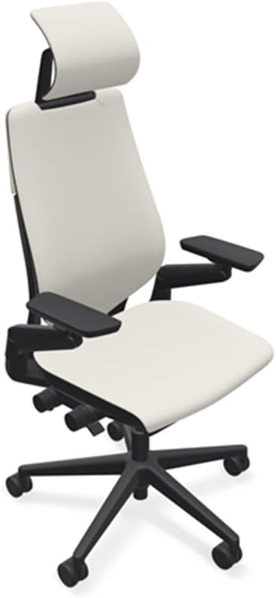 Steelcase Gesture Office Desk Chair with Headrest in Elmosoft Genuine White L151 Leather Plus Lumbar Support Black Frame