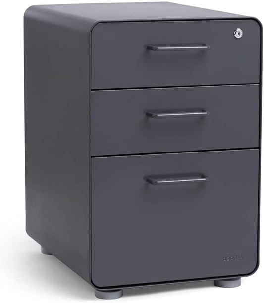 Poppin Stow 3-Drawer File Cabinet - Charcoal, 2 Utility Drawers and 1 Hanging File Drawer, Fully Painted Inside and Out, Powder-Coated Steel, Two Keys Included, Stationary