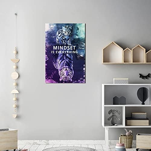 Mindset is Everything Inspirational Wall Art Inspirational Entrepreneur Quotes Poster Small Cat and Big Tiger Print Artwork Painting for Home Gym Office Framed Ready to Hang[24''W x 36''H]