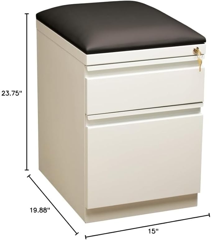Pemberly Row 2-Drawer Metal Mobile Filing Cabinet, 23.75" H x 15.00" W x 19.88" D, Steel Construction, White/Black Finish, Hidden Casters, Cushion Seat, Letter-Size Hanging File Storage for Office Use