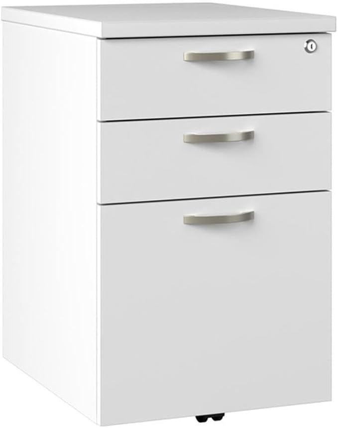 Bush Business Furniture Office in an Hour 3 Drawer Rolling File Cabinet in Pure White | Mobile Under Desk Drawers for Letter, Legal, and A4-Size Document Storage